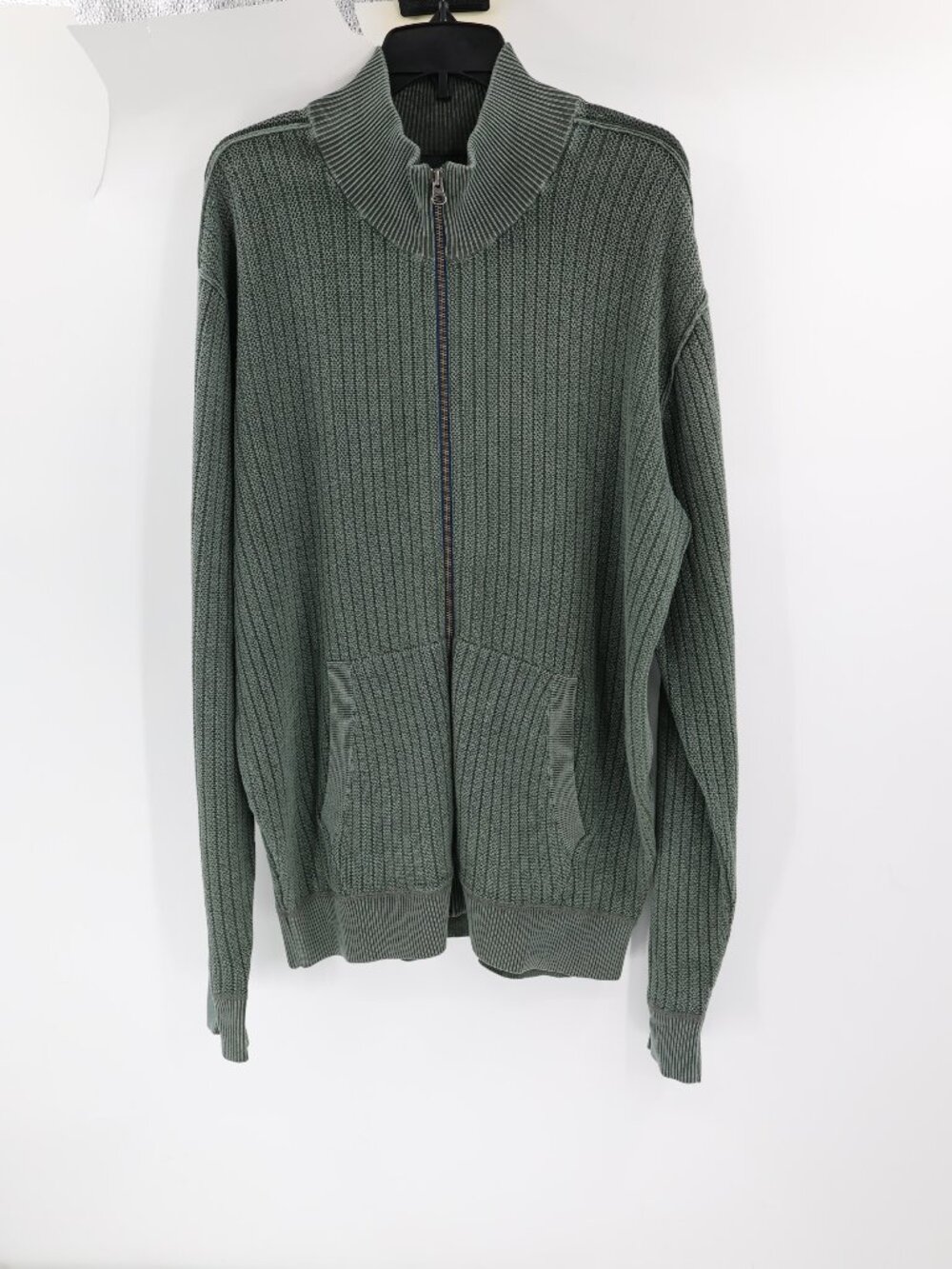 32 Bar Blues Sweater Mens Large Cotton Full Zip ribbed Pockets Cardigan green